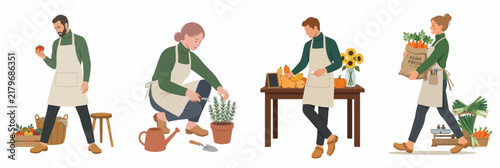 Set of diverse farmers and gardeners harvesting fresh vegetables, planting in pots, and selling organic produce at a local market stall.