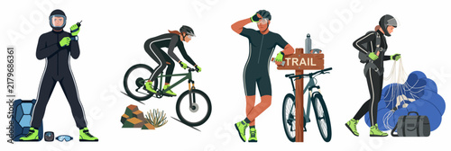 Set of vector illustrations showing male and female characters participating in extreme outdoor activities like mountain biking and skydiving on white background.