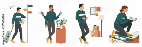 Set of flat illustrations showing people preparing for trips, packing suitcases, planning itineraries, and using maps for modern travel adventures.