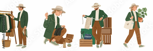 Set of illustrations depicting a minimalist lifestyle with sustainable fashion practices, sewing, and conscious consumption in stylish green and brown outfits.