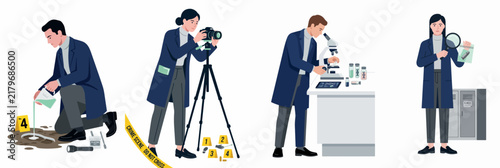 Illustrations of forensic science investigators collecting evidence at a crime scene and analyzing it in a laboratory setting.