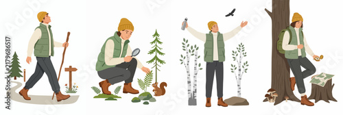 Vector illustration set of people enjoying outdoor forest activities including hiking, nature exploration, bird watching, and map reading in a flat design style.