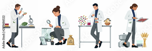 Flat vector illustration of diverse scientists conducting laboratory research in food science, biotechnology, and agricultural innovation on a white background.