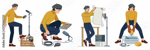 Set of foley artists creating sound effects for film and media production in a studio environment