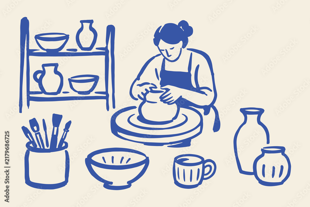 Obraz premium Pottery Making and Ceramic Workshop Hand Drawn Set