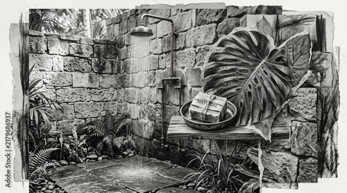 Outdoor Tropical Stone Shower with Monstera Leaf and Natural Soap
