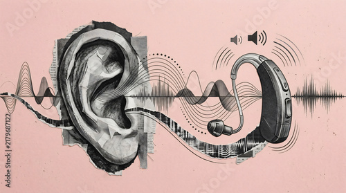 Conceptual Illustration of Hearing Aid and Human Ear with Sound Waves