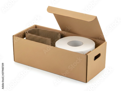 Open cardboard box with wooden lid showing empty space inside
