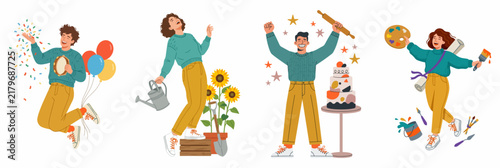 Vector illustration of diverse people enjoying different hobbies: celebrating with balloons, gardening sunflowers, baking a cake, and painting artistic masterpieces.