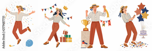 Set of illustrations featuring a joyful person celebrating various milestones, achievements, and parties with confetti, balloons, gifts, a trophy, and cake.