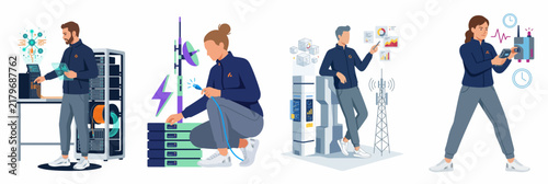 Set of flat vector illustrations of telecommunications engineers working with server racks, satellite antennas, and digital network infrastructure.
