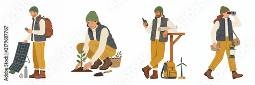 Flat Vector Illustrations of People Engaged in Eco-Friendly Activities Like Planting Trees Using Solar Power and Exploring Nature for Sustainability Concepts