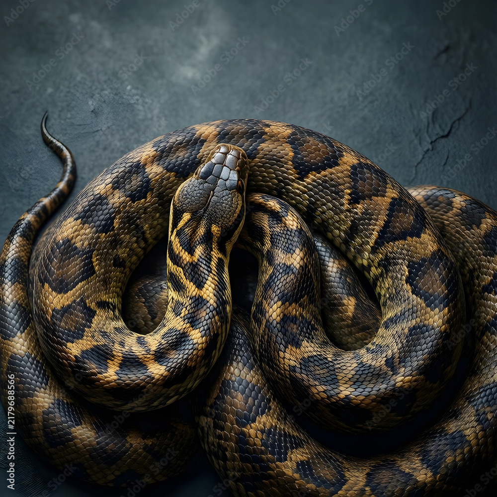 Fototapeta premium Wildlife conservation and biodiversity, coiled python snake with patterned scales on dark textured background for nature and biology research projects