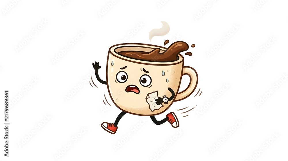 Fototapeta premium Cartoon coffee cup character running in a panic, checking a wristwatch, spilling hot brown coffee, isolated on a white background