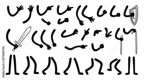 Diverse rubber hose cartoon arms and legs featuring sword shield and cane for character design projects