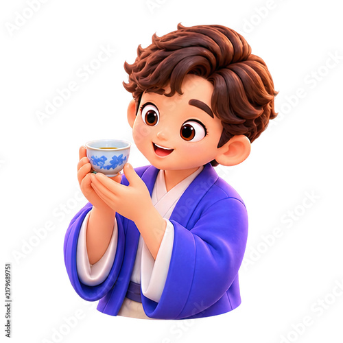 Cute cartoon boy in traditional blue robe holding a small tea cup