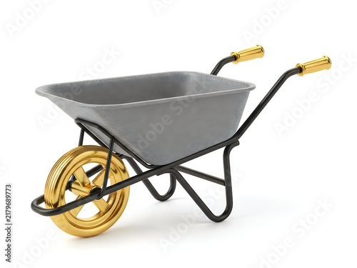 Gray metal wheelbarrow with wooden handles and yellow wheels on a neutral background