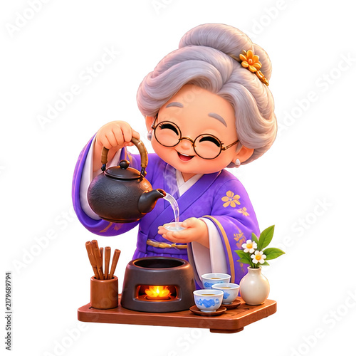 Charming grandmother pouring tea from a teapot in a traditional ceremony