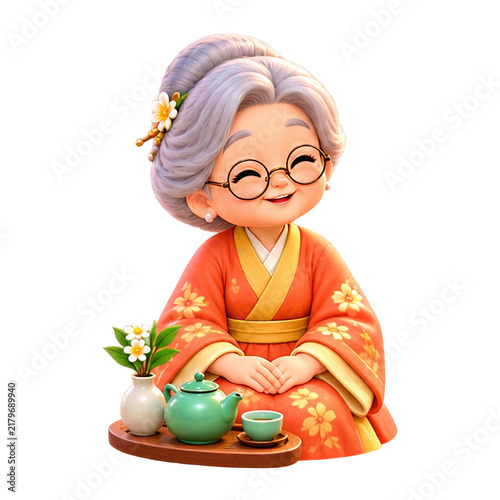 Charming elderly woman in traditional kimono enjoying a peaceful tea ceremony