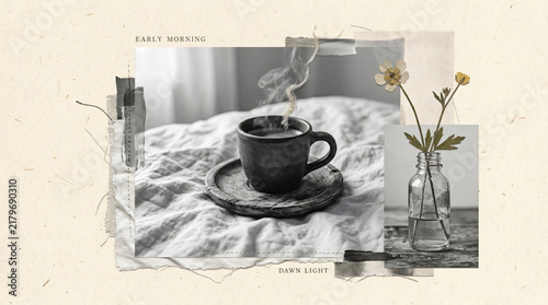 Early Morning Dawn Light Coffee Cup and Flower Scrapbook Collage Art