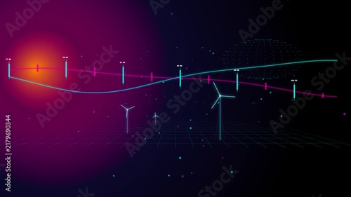 Futuristic green energy data hud interface with spinning wind turbines on neon digital background