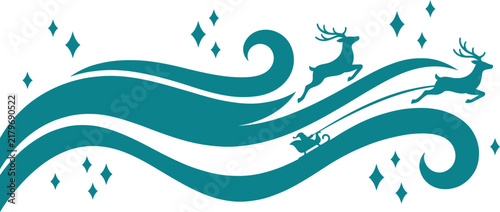 Stylized teal wave design featuring a leaping dolphin and sparkling accents
