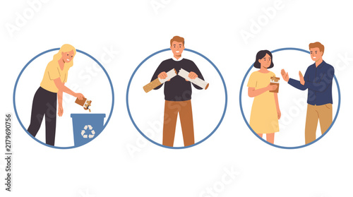 People quitting smoking habits showing healthy lifestyle choices with vibrant flat vector illustrations in circular frames