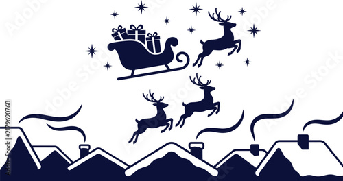 Santa Claus and reindeer fly over a snowy town with chimneys and smoke
