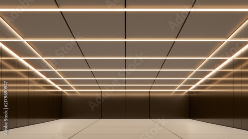Modern interior with recessed linear lighting and metallic walls