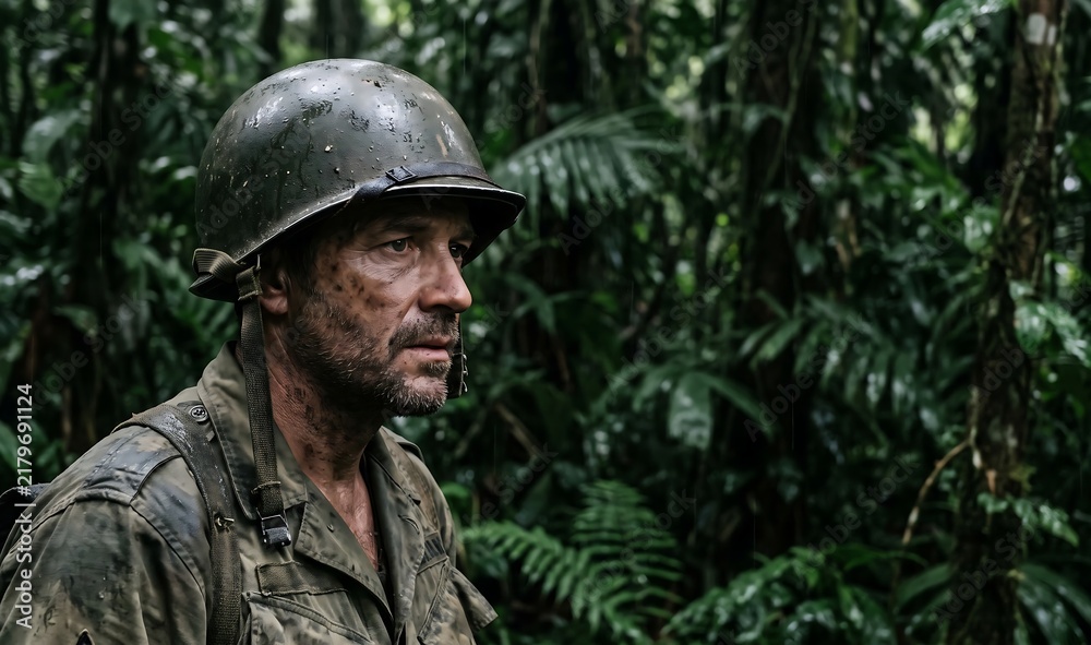 Fototapeta premium Military Soldier Patrolling a Dense Jungle