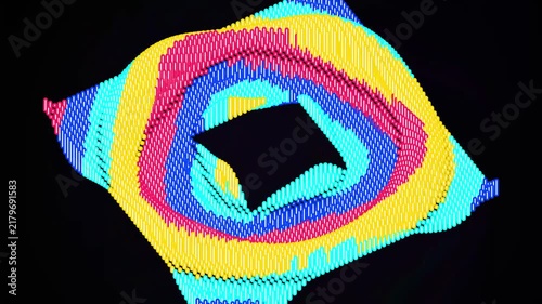Wavy concentric colorful square neon bar patterns rotating and shifting on a dark background