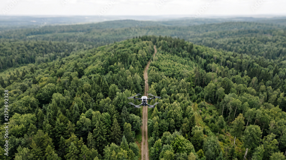 Obraz premium Aerial drone over lush green forest with narrow dirt road leading through summer wilderness