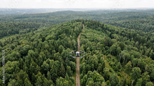 Aerial drone over lush green forest with narrow dirt road leading through summer wilderness