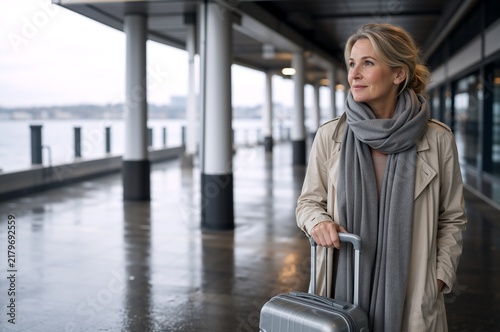 Mature woman with suitcase at a transit terminal. Elegant female traveler in trench coat and scarf looking away. Autumn travel concept