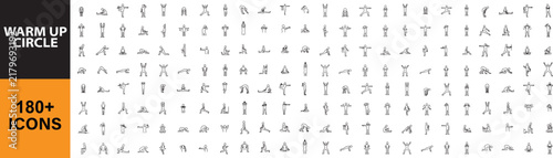 Warm Up Circle line icon set. Vector pictograms of fitness, stretch, exercise, and mobility elements, thin linear illustration. Outline icon in linear style