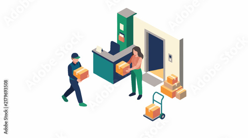 Isometric delivery workers at warehouse counter.