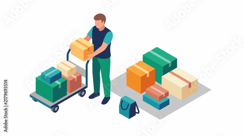 Warehouse worker moving boxes with cart in flat design.