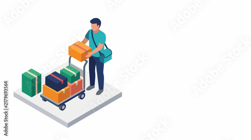 Delivery worker pushing loaded cart with packages.