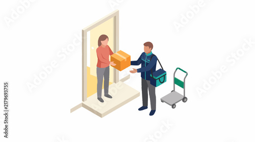 Delivery person handing package to customer at door.