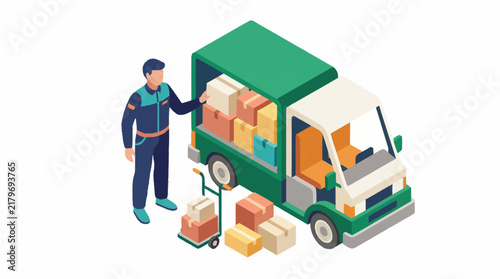 Delivery worker loading packages into green van.