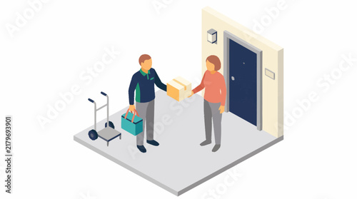 Delivery person handing package to customer at doorstep.