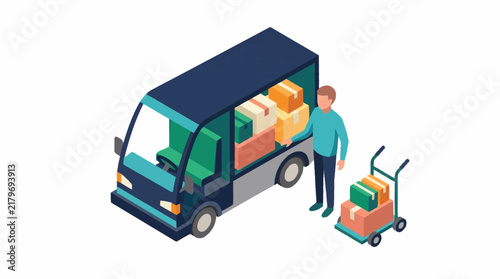 Delivery van with worker and hand truck in isometric style.