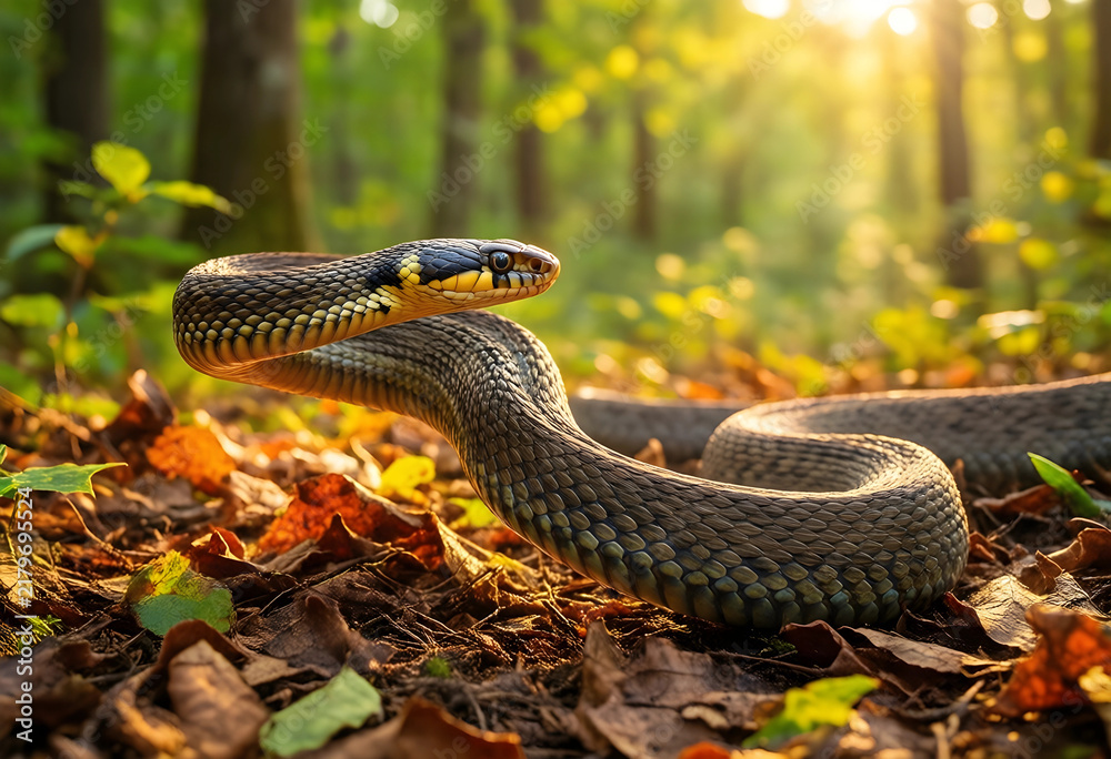 Fototapeta premium Wildlife conservation and biodiversity, grass snake in natural forest habitat with golden sunlight and autumn leaves on the ground in the wilderness
