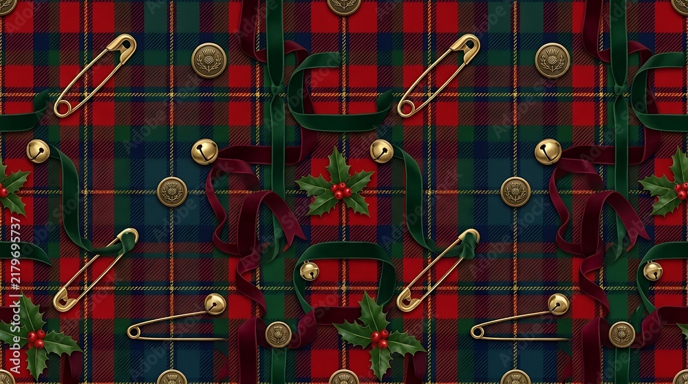 Tartan and plaid seamless pattern with safety pins, velvet ribbons and holly berries