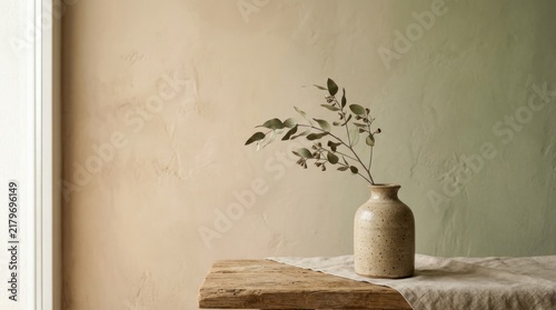 Minimalist vase with branch against textured wall