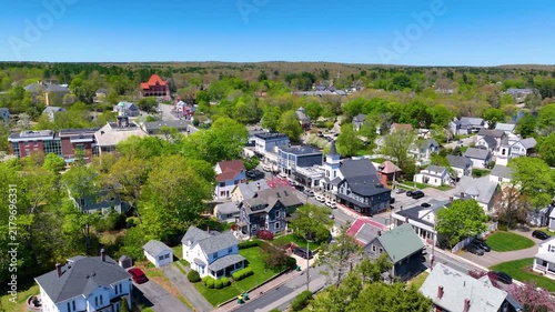 Historic commercial buildings aerial view on Main Street in village of North Easton, town of Easton, Bristol County, Massachusetts MA, USA. 