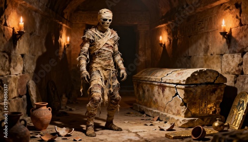 Ancient mummy standing beside cracked sarcophagus in candlelit Egyptian tomb