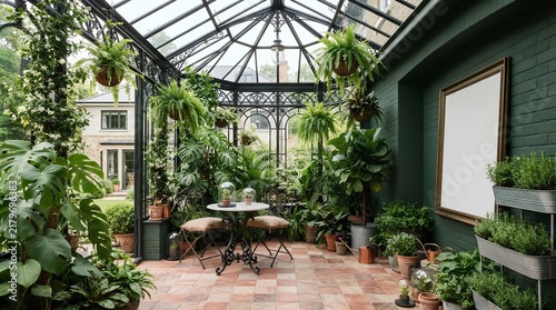 Cozy greenhouse conservatory with lush potted plants and vintage bistro table seating area