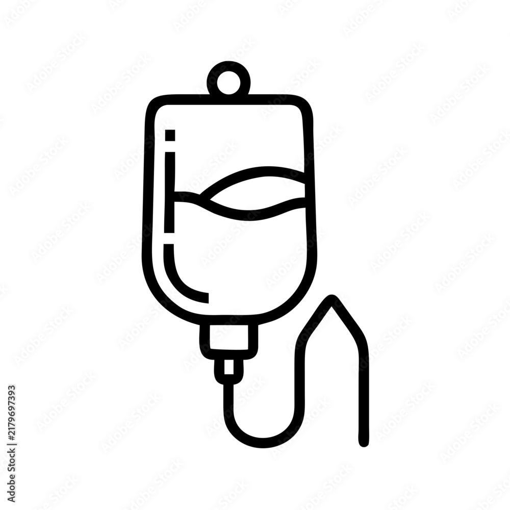 Fototapeta premium Monochrome linear icon of liquid infusion container with tube. Symbol for hydration, fluid supply, wellness support and care equipment. Editable SVG vector icon.
