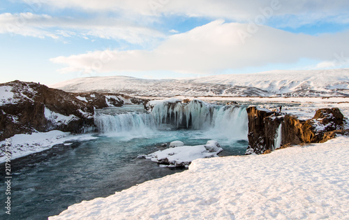 Godafoss waterfall - One of the most powerful waterfalls in Europe. Winter landscape. Iceland